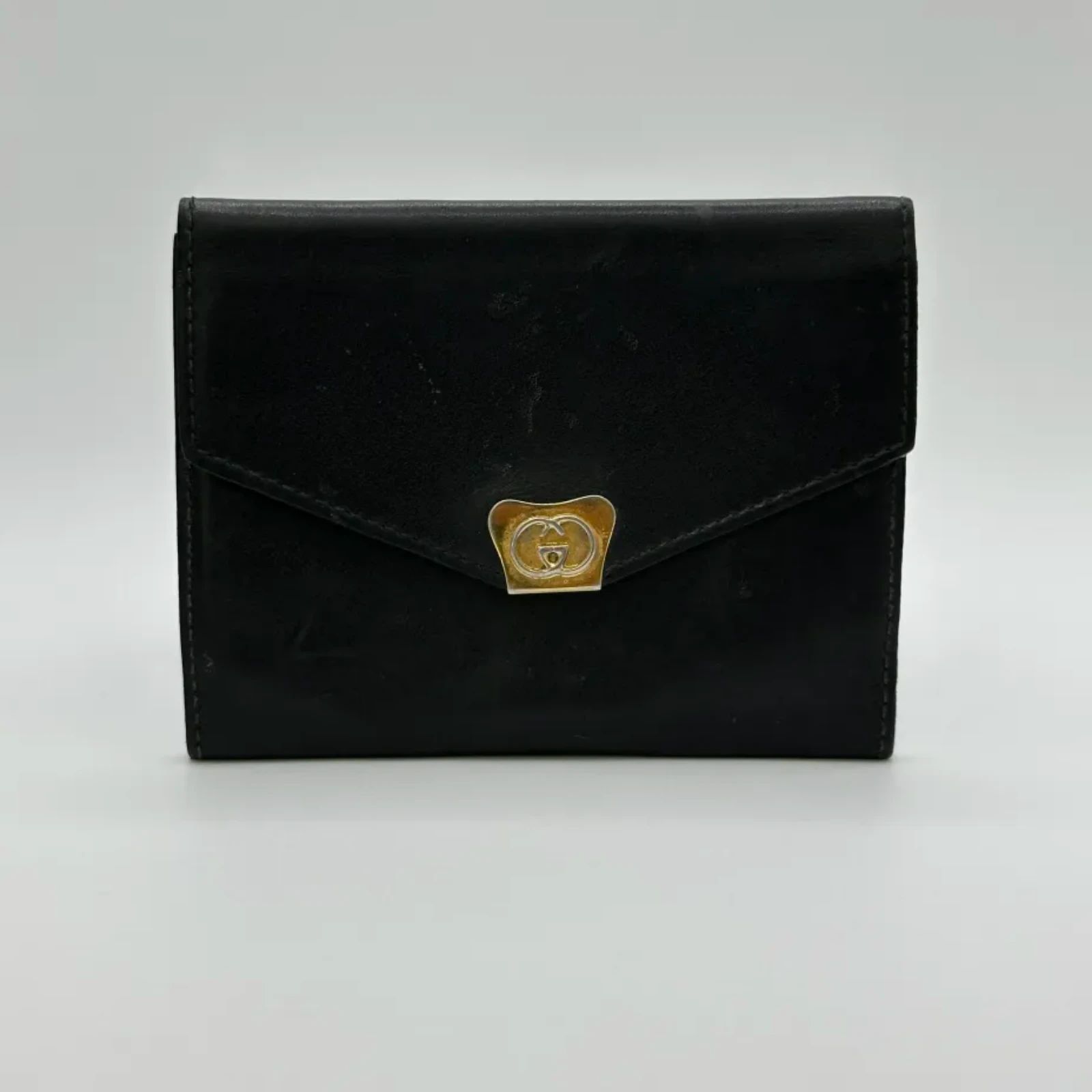 Vintage Gucci Gold Toned Black Leather Bifold Wallet